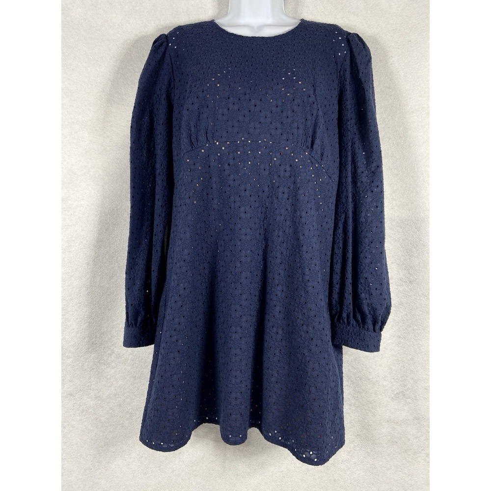 New Michael Kors Dress Women's 14 Blue Shift‎ Eyelet Long Sleeves Floral Mini